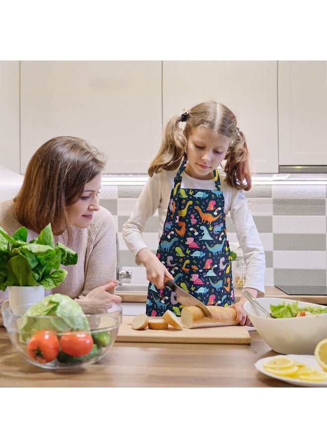 BeeGreen - Kids Apron 2 Pack Cooking Aprons With Adjustable Strap Kids Kitchen Aprons With Front Pocket For Girls Toddler Painting Baking Artist Washable Foldable Lightweight (Dinosaurs+Space Planets) - Image 1