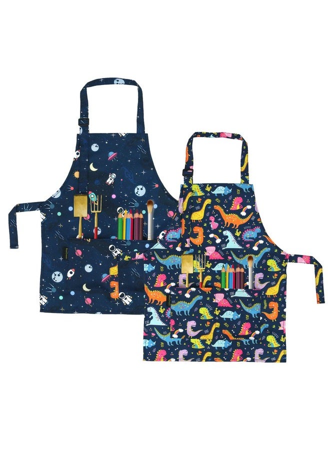 BeeGreen - Kids Apron 2 Pack Cooking Aprons With Adjustable Strap Kids Kitchen Aprons With Front Pocket For Girls Toddler Painting Baking Artist Washable Foldable Lightweight (Dinosaurs+Space Planets) - Image 1