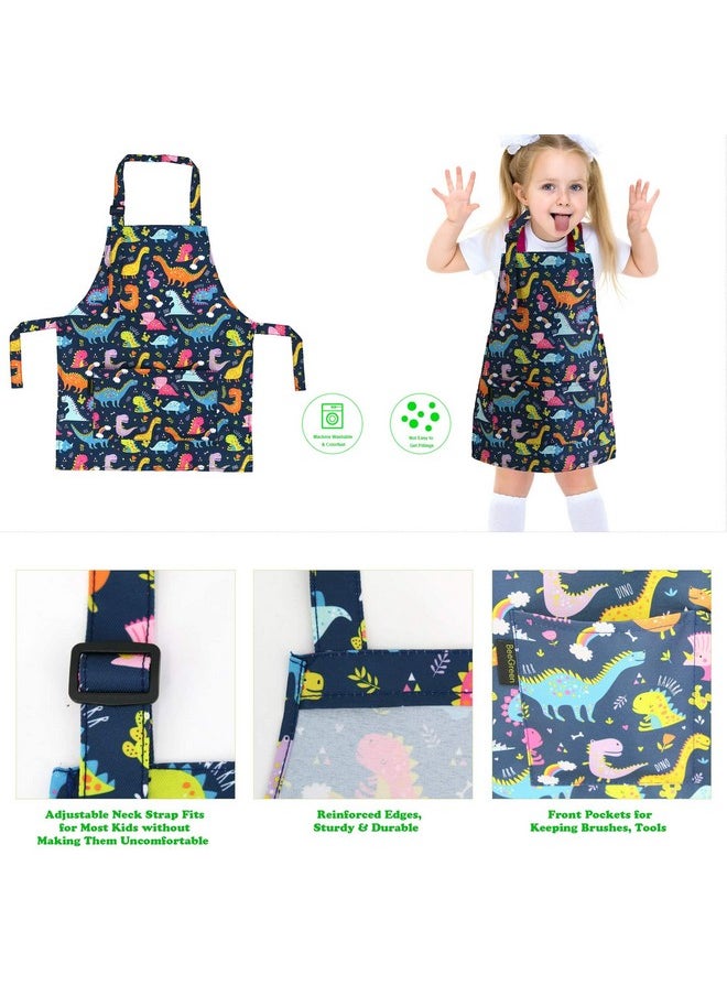 BeeGreen - Kids Apron 2 Pack Cooking Aprons With Adjustable Strap Kids Kitchen Aprons With Front Pocket For Girls Toddler Painting Baking Artist Washable Foldable Lightweight (Dinosaurs+Space Planets) - Image 1