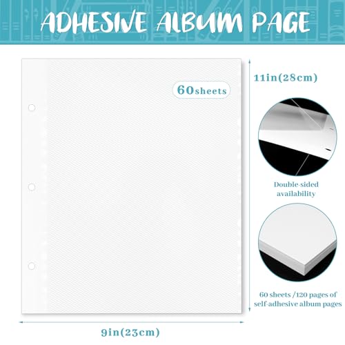VOKOY 60 Sheets/120 Pages Photo Album Pages for 3 Ring Binder, Self Adhesive Scrapbooking Album Refill Pages Replacement Photo Album Sheets for 2x3 4x6 5x7 8x10 Photo or Cards, 11 x 9 Inch - Image 2