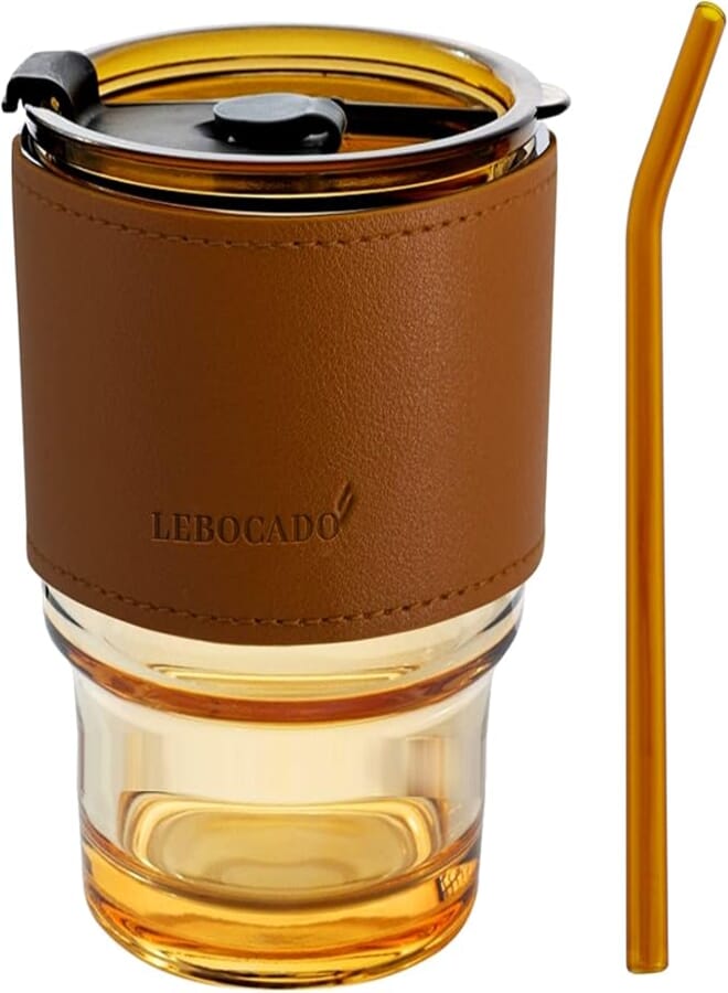 LEBOCADO 16oz Glass Water Bottle with Straw/Lid/Leather Protective Sleeve, Wide Mouth Smoothies Cup Leakproof Glass Cups, for Iced Coffee Juices Cocktail (Amber)