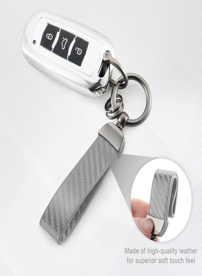 JUSTTOP Leather Keychain, Carbon Fiber Car Key Chain with Anti-Lost D-Ring and 2 Key Ring, Car Accessories, Universal Keychain for Men and Women (Grey) - Image 3