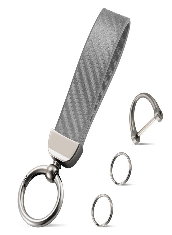 JUSTTOP Leather Keychain, Carbon Fiber Car Key Chain with Anti-Lost D-Ring and 2 Key Ring, Car Accessories, Universal Keychain for Men and Women (Grey) - Image 1