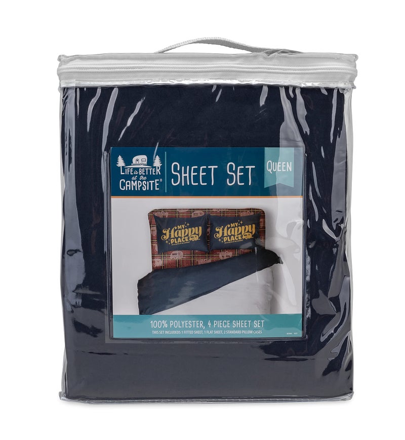 Camco Camco Life is Better at The Campsite Bed Sheet Set  Crafted of 100% Polyester & Machine Washable  Features a Red Plaid My Happy Place Vintage-Inspired Look  Camper/RV Short Queen-Size Beds (53119)