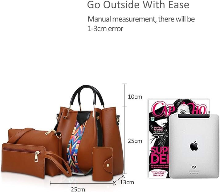 Saiyam Women's Handbag Set with Colourful Strap, 4 Pieces, Includes Shoulder Bag, Clutch, Card Holder and Wallet (Brown) - Image 3