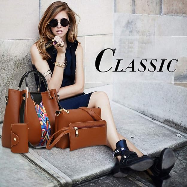 Saiyam Women's Handbag Set with Colourful Strap, 4 Pieces, Includes Shoulder Bag, Clutch, Card Holder and Wallet (Brown) - Image 2