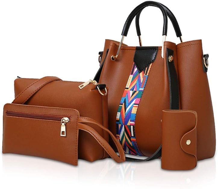 Saiyam Women's Handbag Set with Colourful Strap, 4 Pieces, Includes Shoulder Bag, Clutch, Card Holder and Wallet (Brown) - Image 1