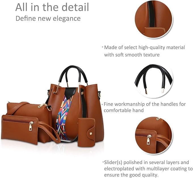 Saiyam Women's Handbag Set with Colourful Strap, 4 Pieces, Includes Shoulder Bag, Clutch, Card Holder and Wallet (Brown) - Image 4