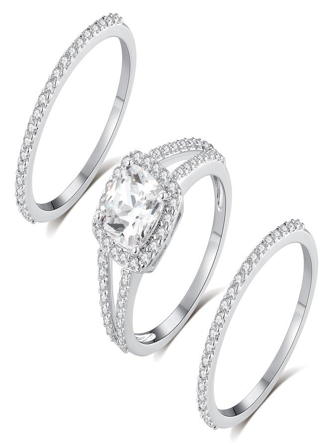 MDFUN 18K White Gold Plated Cubic Zirconia Square Halo Wedding Engagement Promise Eternity Ring for Women, 8, Gemstone, Cubic Zirconia - Image 1