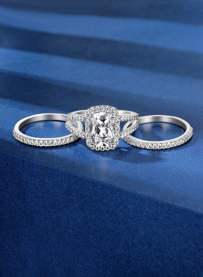 MDFUN 18K White Gold Plated Cubic Zirconia Square Halo Wedding Engagement Promise Eternity Ring for Women, 8, Gemstone, Cubic Zirconia - Image 2