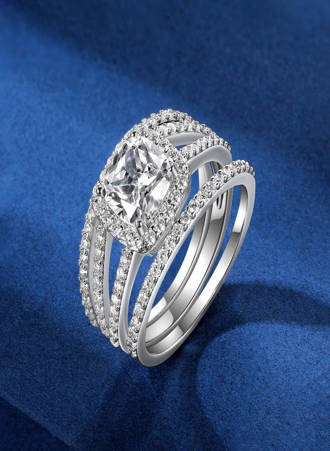 MDFUN 18K White Gold Plated Cubic Zirconia Square Halo Wedding Engagement Promise Eternity Ring for Women, 8, Gemstone, Cubic Zirconia - Image 4