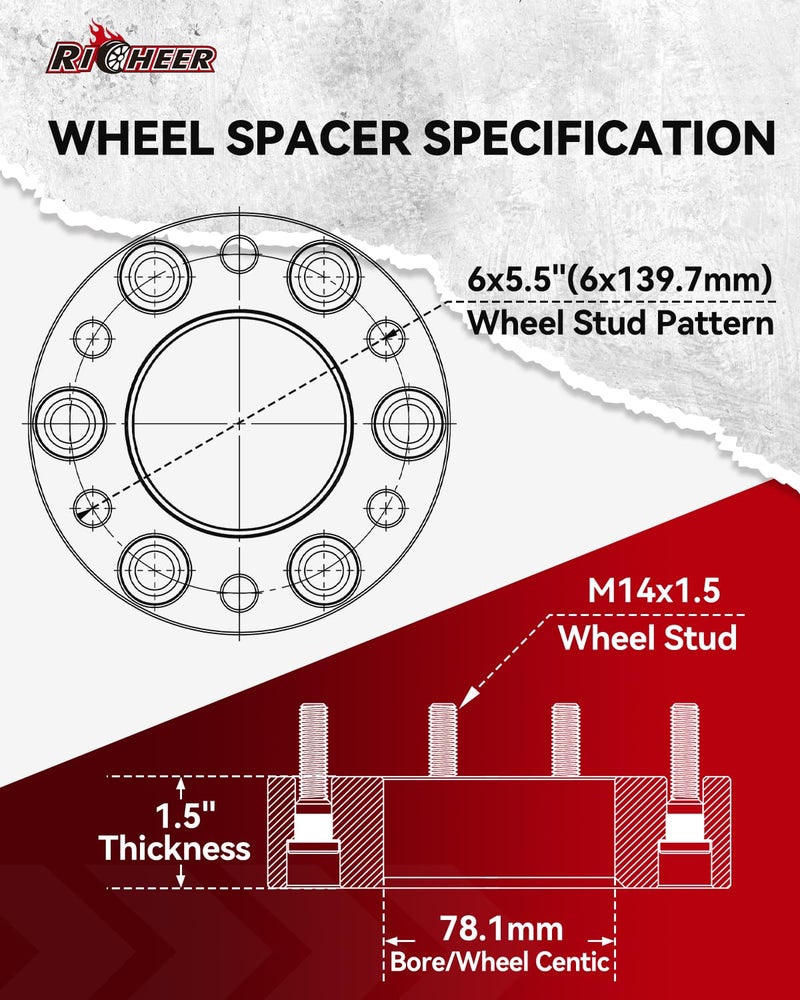 Richeer 1.5'' 6x5.5 Hub Centric Wheel Spacer for Sierra Silverado 1500, 6x139.7mm Wheel Spacers with 14x1.5 Studs & 78.1mm Bore for Tahoe Avalanche 1500 Suburban Escalade Express Yukon - Image 2