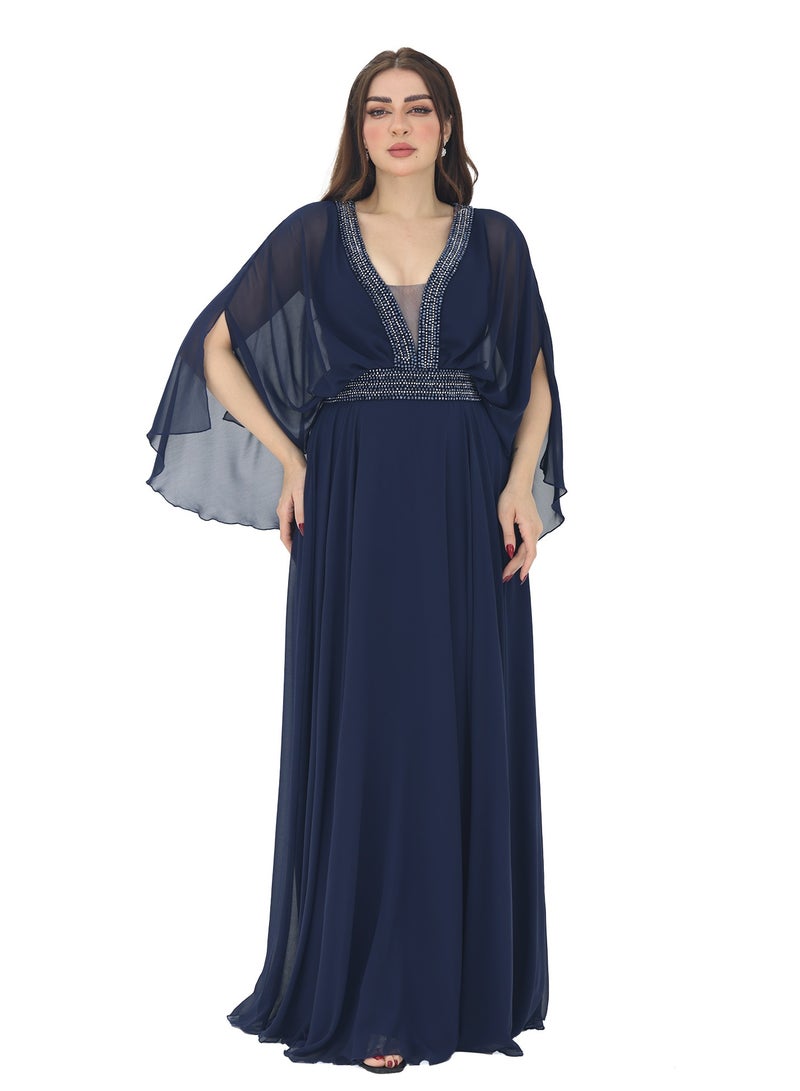 Modern Design An evening dress with luxurious hand embroidery made of chiffon material. The dress is available in two colors, navy blue and mauve. The dress features elegant French sleeves and a V-neck cut. It will  - Image 1