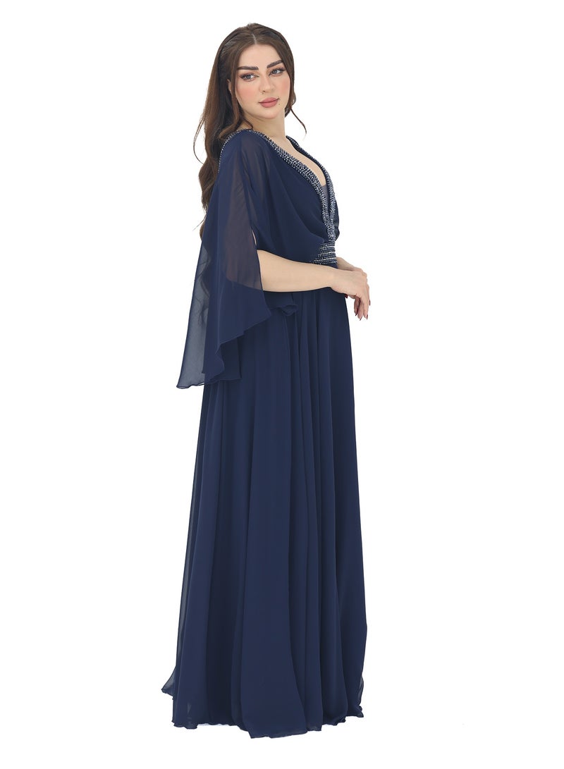 Modern Design An evening dress with luxurious hand embroidery made of chiffon material. The dress is available in two colors, navy blue and mauve. The dress features elegant French sleeves and a V-neck cut. It will  - Image 2