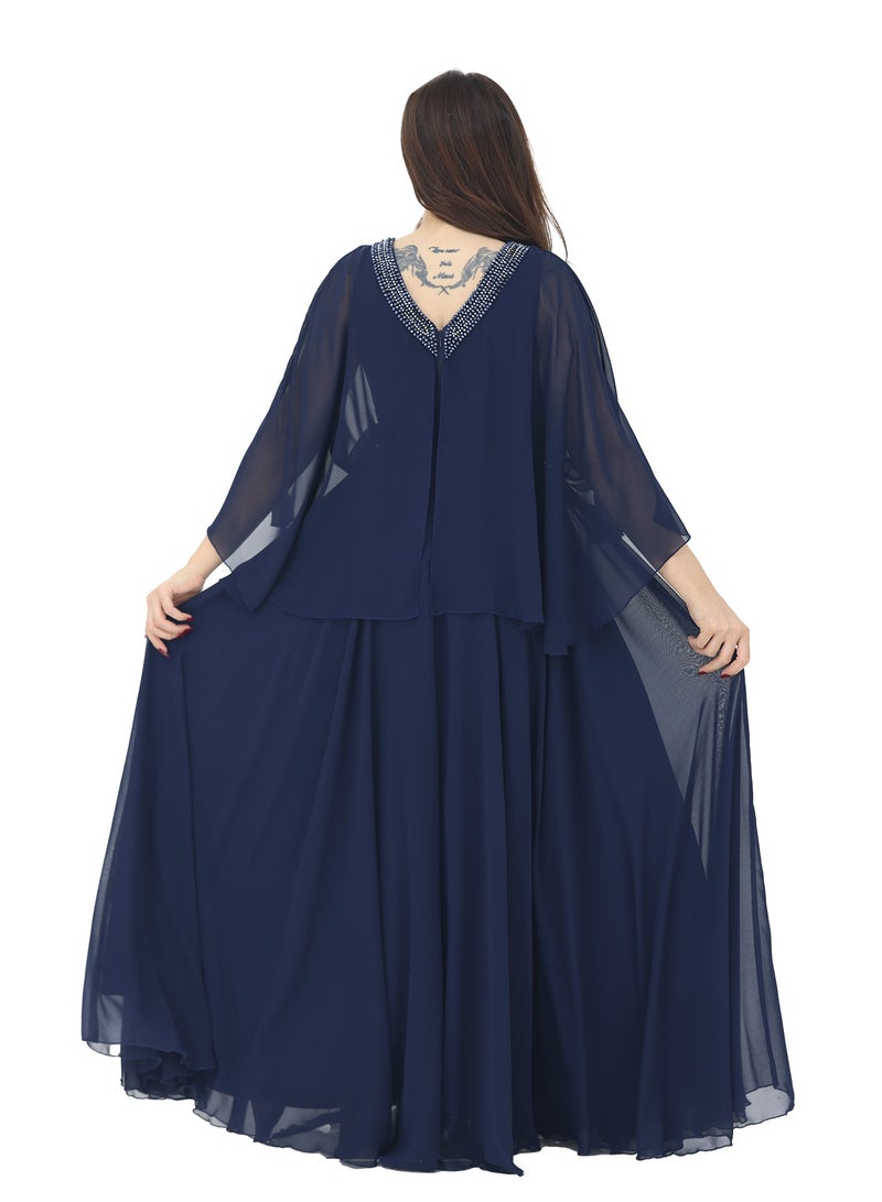 Modern Design An evening dress with luxurious hand embroidery made of chiffon material. The dress is available in two colors, navy blue and mauve. The dress features elegant French sleeves and a V-neck cut. It will  - Image 4