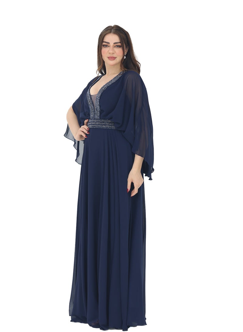 Modern Design An evening dress with luxurious hand embroidery made of chiffon material. The dress is available in two colors, navy blue and mauve. The dress features elegant French sleeves and a V-neck cut. It will  - Image 3