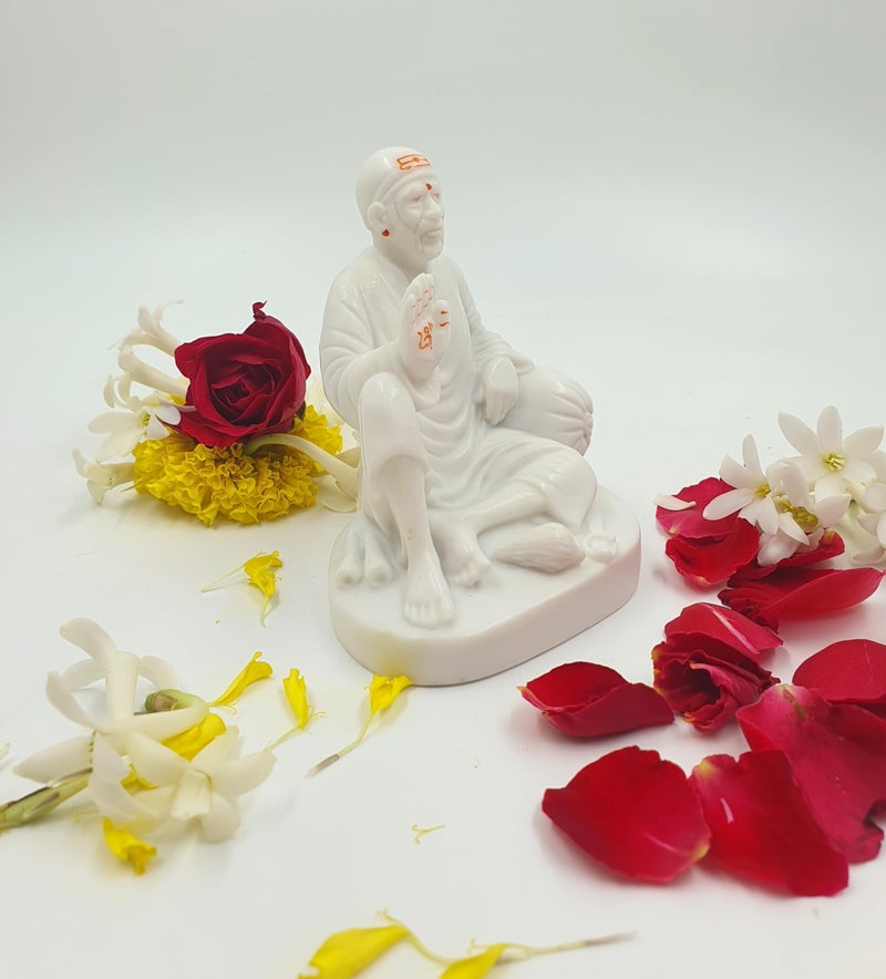 Hemant art Shirdi Sai Baba Dwarkamai Idol,Murti,Statue Sitting on Stone ...5 inch White - Image 3