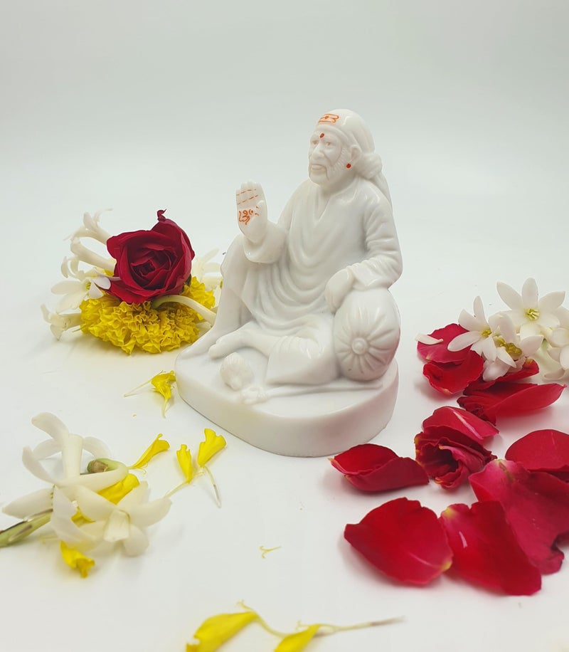Hemant art Shirdi Sai Baba Dwarkamai Idol,Murti,Statue Sitting on Stone ...5 inch White - Image 4