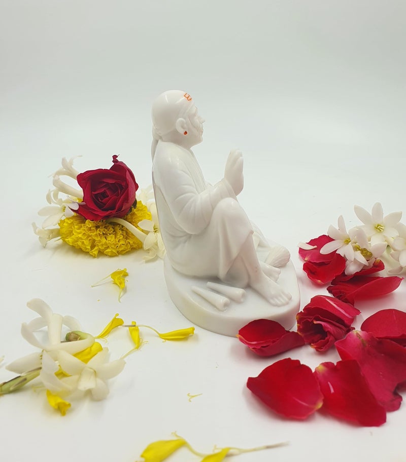 Hemant art Shirdi Sai Baba Dwarkamai Idol,Murti,Statue Sitting on Stone ...5 inch White - Image 5