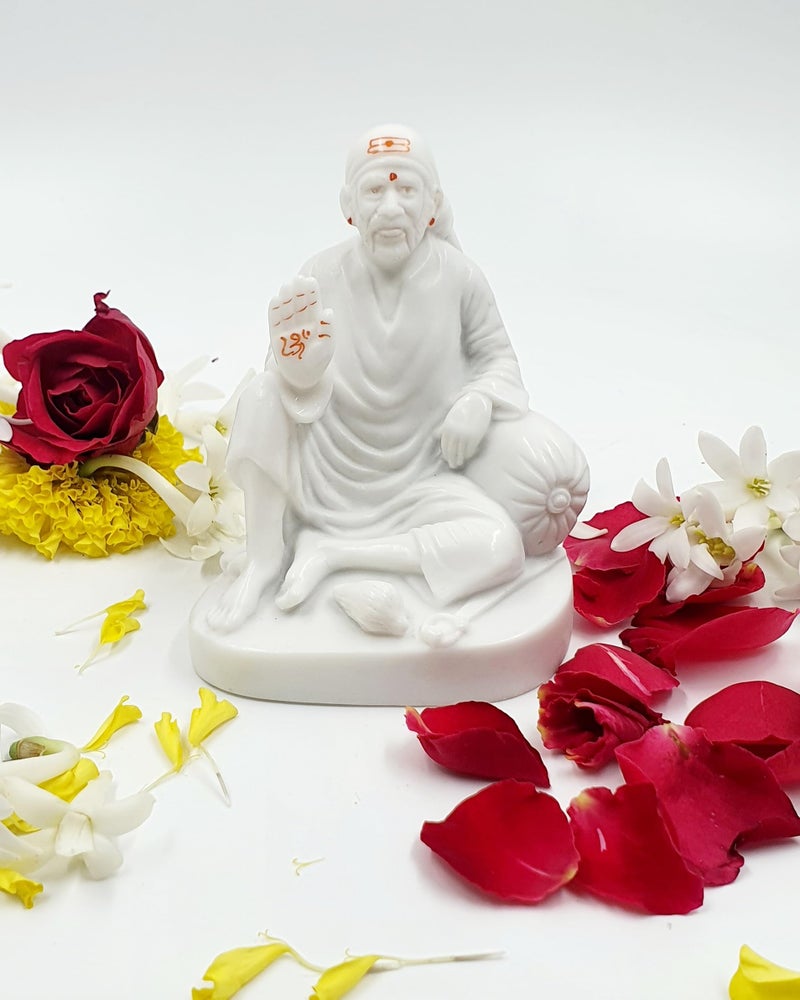 Hemant art Shirdi Sai Baba Dwarkamai Idol,Murti,Statue Sitting on Stone ...5 inch White - Image 2