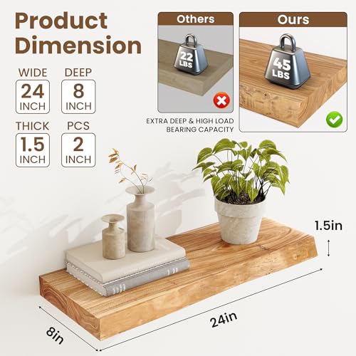 Acovy Extra Deep 24" Long Live Edge Rustic Floating Shelves for Wall, Solid Wood Wall Shelves with Invisible Bracket Mount for Living Room Bathroom Bedroom Kitchen, Set of 2, Natural - Image 3