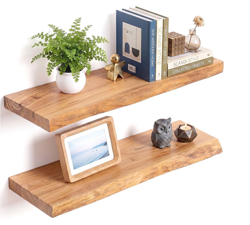 Acovy Extra Deep 24" Long Live Edge Rustic Floating Shelves for Wall, Solid Wood Wall Shelves with Invisible Bracket Mount for Living Room Bathroom Bedroom Kitchen, Set of 2, Natural - Image 1