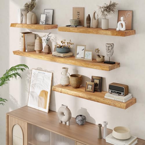 Acovy Extra Deep 24" Long Live Edge Rustic Floating Shelves for Wall, Solid Wood Wall Shelves with Invisible Bracket Mount for Living Room Bathroom Bedroom Kitchen, Set of 2, Natural - Image 2