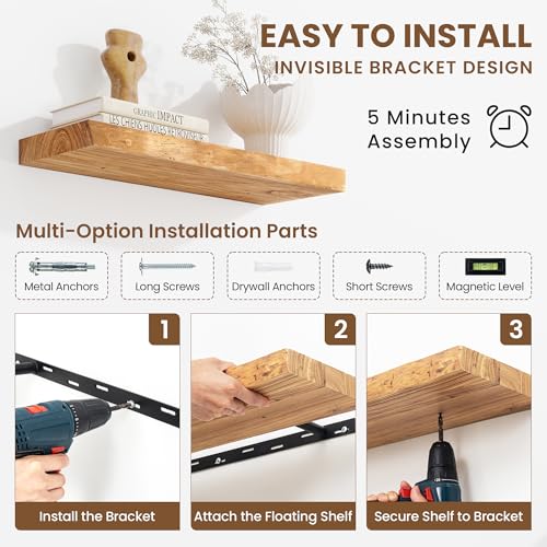 Acovy Extra Deep 24" Long Live Edge Rustic Floating Shelves for Wall, Solid Wood Wall Shelves with Invisible Bracket Mount for Living Room Bathroom Bedroom Kitchen, Set of 2, Natural - Image 5