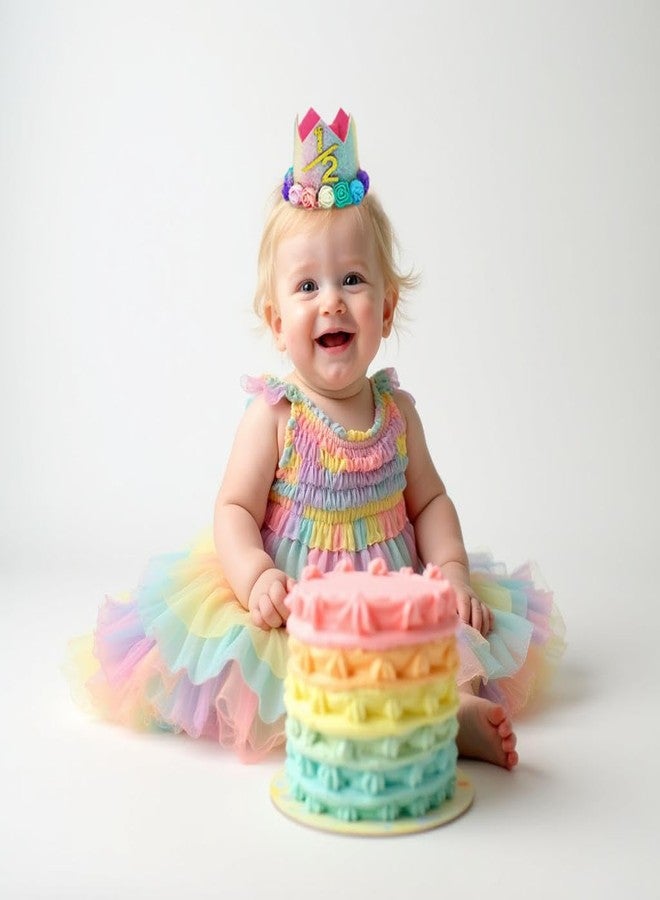 Happy Space Birthday Crown/Tiara, 6 Months Baby Girl Rainbow Flower Birthday Crown Headband - Image 2