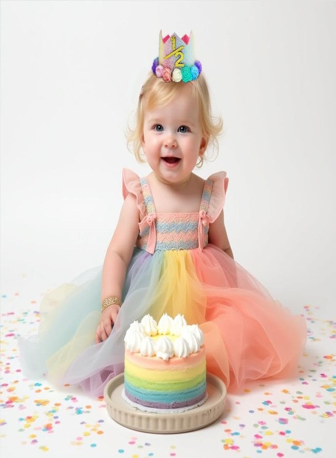 Happy Space Birthday Crown/Tiara, 6 Months Baby Girl Rainbow Flower Birthday Crown Headband - Image 5