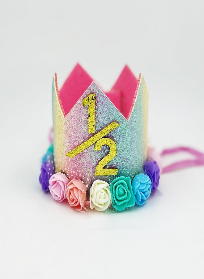 Happy Space Birthday Crown/Tiara, 6 Months Baby Girl Rainbow Flower Birthday Crown Headband - Image 1