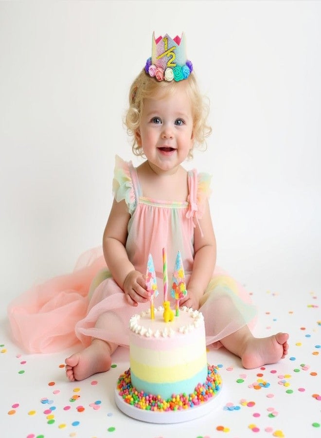 Happy Space Birthday Crown/Tiara, 6 Months Baby Girl Rainbow Flower Birthday Crown Headband - Image 3