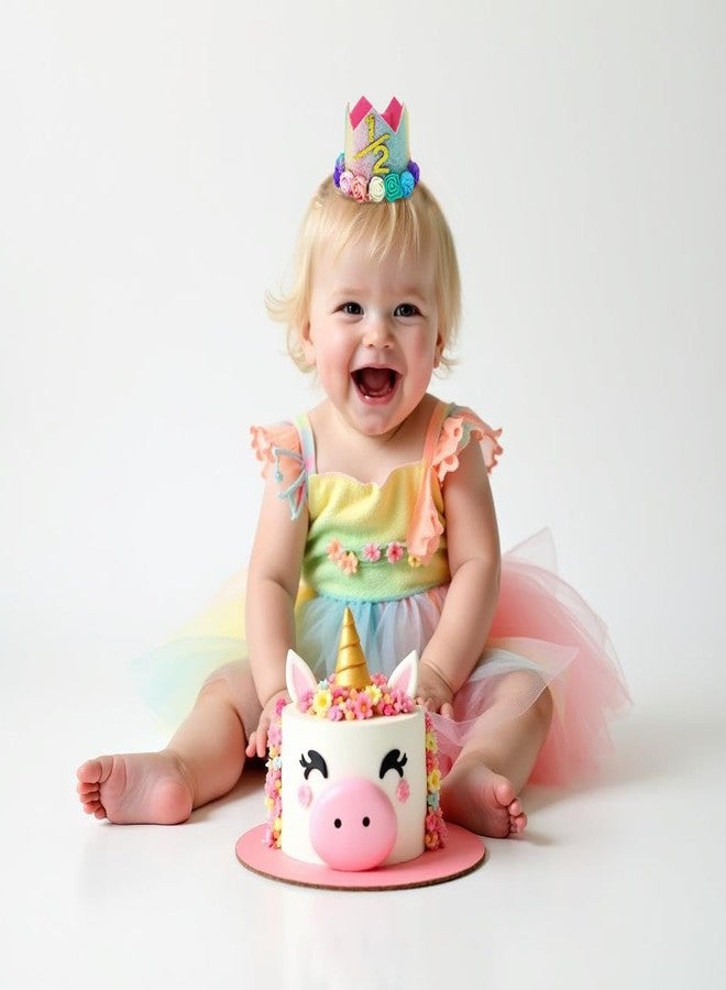 Happy Space Birthday Crown/Tiara, 6 Months Baby Girl Rainbow Flower Birthday Crown Headband - Image 4