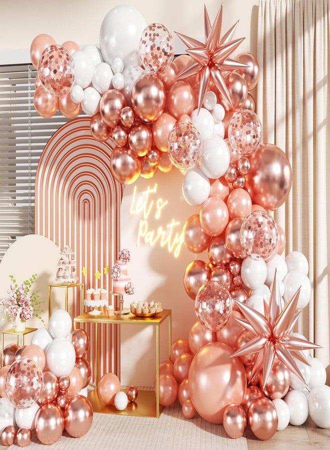 LANGASQUE Rose Gold Balloon Garland Kit, 140Pcs Pearl Metallic Pink and White Confetti Balloons With Stars for Birthday Mothers Day Birdal Shower Wedding Sweet 16 Graduation Party Decorations - Image 1