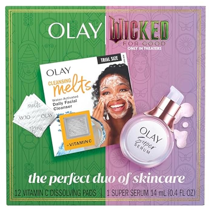 Olay x Wicked: For Good: Perfect Duo Skin Care Set, Skin Care Gift Set, 2pc, Vitamin C Cleansing Melts 12 Count, Super Serum Trial Size 0.4 FL OZ - Image 1