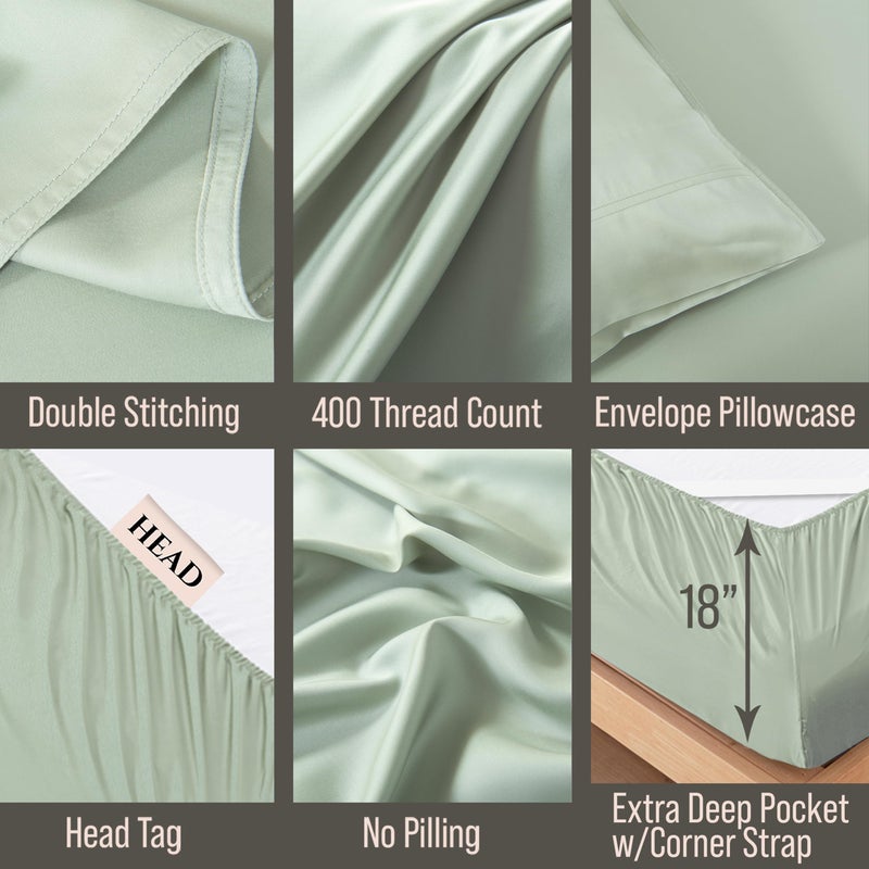 BC BELLA COTERIE Bella Coterie 6 Piece Luxury Bamboo Viscose Queen Size Sheet Set | 100% Organically Grown | Cooling for Hot Sleepers | 18" Deep Pocket | Soft & Hypoallergenic | 4 Pillowcases [Sea Glass] - Image 3