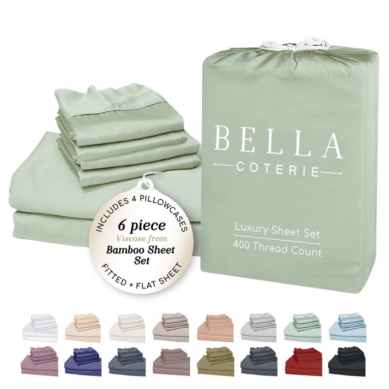 BC BELLA COTERIE Bella Coterie 6 Piece Luxury Bamboo Viscose Queen Size Sheet Set | 100% Organically Grown | Cooling for Hot Sleepers | 18" Deep Pocket | Soft & Hypoallergenic | 4 Pillowcases [Sea Glass] - Image 1