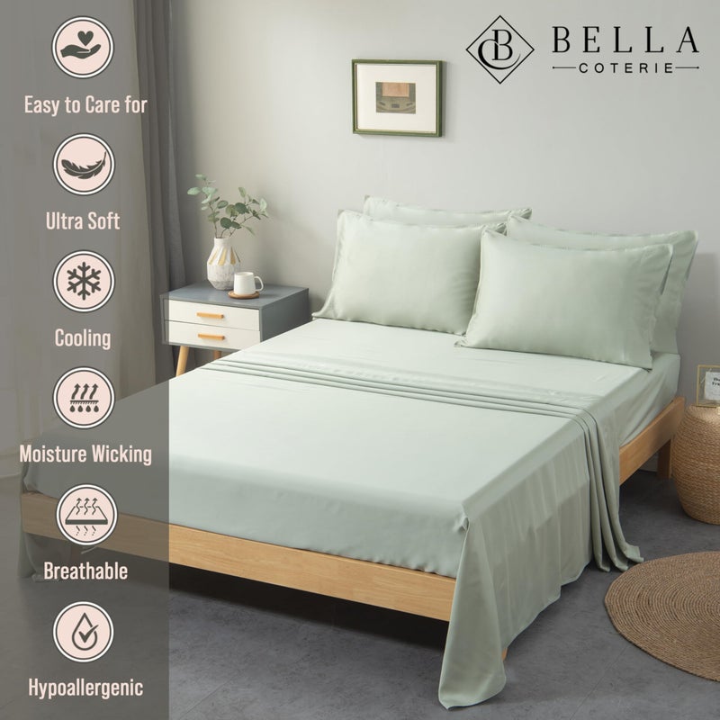 BC BELLA COTERIE Bella Coterie 6 Piece Luxury Bamboo Viscose Queen Size Sheet Set | 100% Organically Grown | Cooling for Hot Sleepers | 18" Deep Pocket | Soft & Hypoallergenic | 4 Pillowcases [Sea Glass] - Image 2