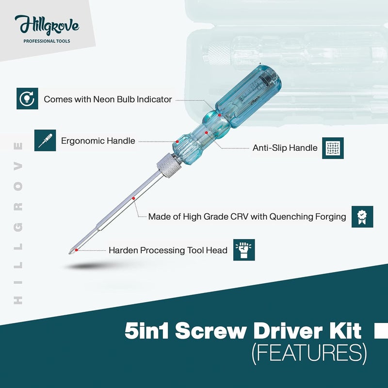 Hillgrove 5 in 1 AllPurpose Repair Screw Driver Tool Kit with Neon Bulb Combination Screwdriver Set Multicolour Pack of 5 - Image 4