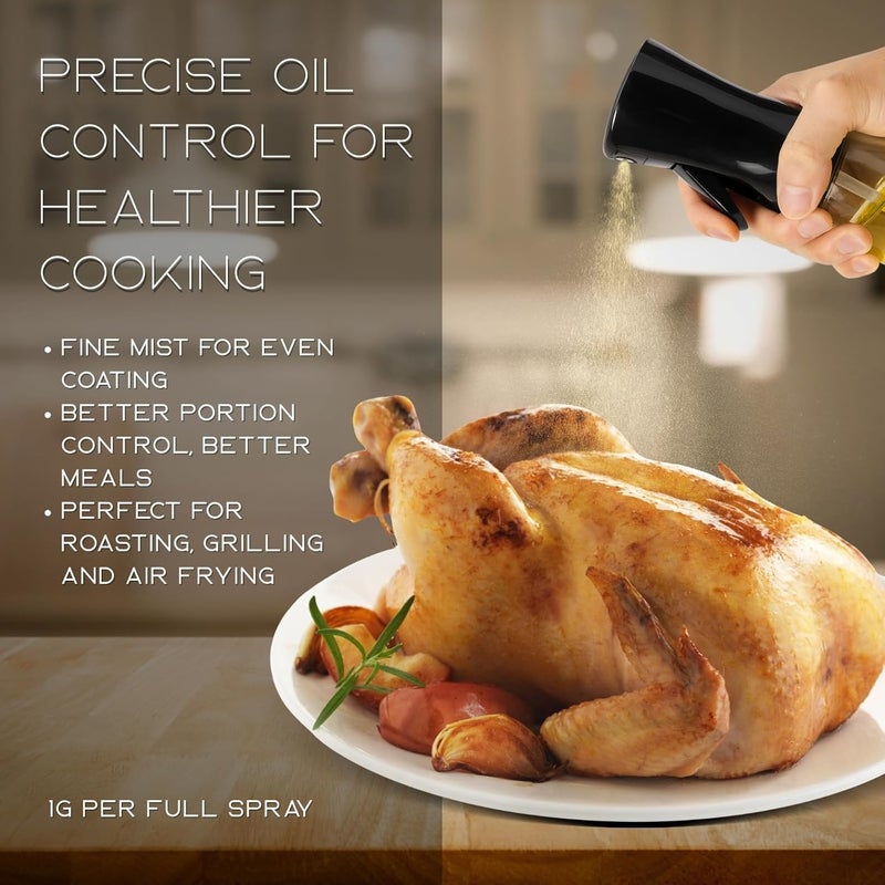 BOKKY Olive Oil Sprayer for Cooking, 220ml Glass Olive Oil Spray Bottle with Continuous Fine Mist, Food Grade Oil Sprayer for Air Fryer, Salad, BBQ, Baking, Frying (Black / 1 Pack) - Image 3