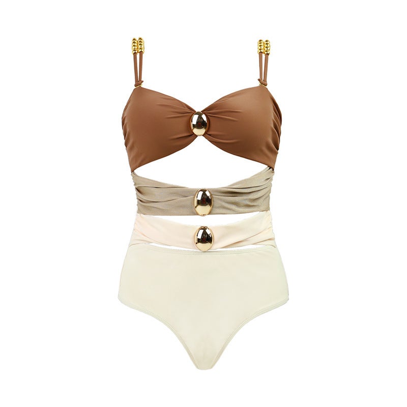 2024 Elegant Hollow One-Piece Swimsuit High Waist Brown color block