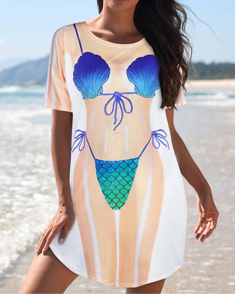 elescat Women's Beach Cover Up Bikini Printed Short Sleeve Tshirt Dress Baggy Cute Coverups(Blue Shell, L) - Image 4
