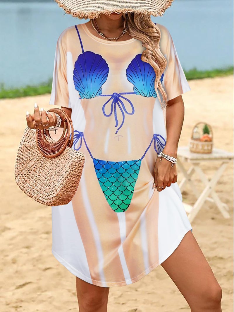 elescat Women's Beach Cover Up Bikini Printed Short Sleeve Tshirt Dress Baggy Cute Coverups(Blue Shell, L) - Image 3