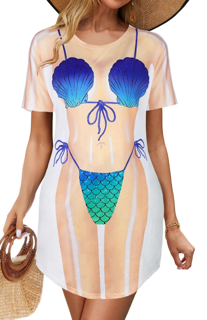 elescat Women's Beach Cover Up Bikini Printed Short Sleeve Tshirt Dress Baggy Cute Coverups(Blue Shell, L) - Image 1