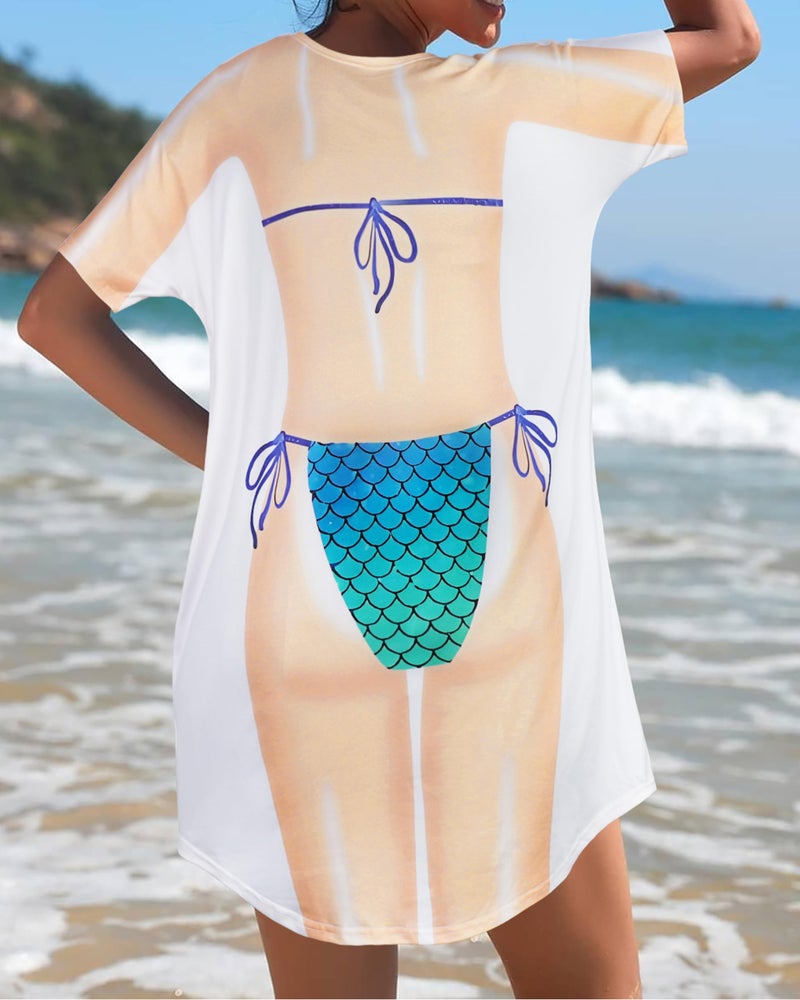 elescat Women's Beach Cover Up Bikini Printed Short Sleeve Tshirt Dress Baggy Cute Coverups(Blue Shell, L) - Image 5