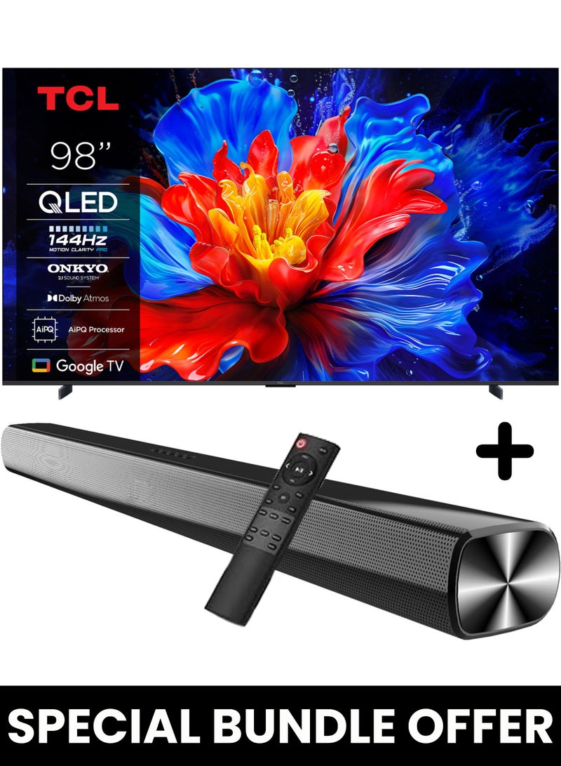 TCL 98-Inch P8K QLED 4K Smart TV + 2.0 Channel Premium Soundbar | [Google TV, AiPQ Pro Processor, 144Hz, HDR10+, Slim Uni-body] + [HDMI (ARC), USB, Bluetooth, FM Station, Aux] - (2025 Model) 98P8K+SOUNDBAR Black - Image 1