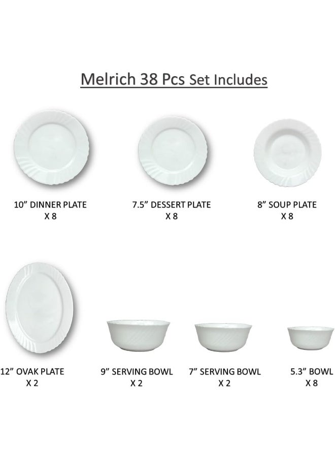 Melrich - 38-Piece Opalware Dinner Set With 8 X 25 Cm Dinner Plates, 8 X 19 Cm Dessert Plates, 8 X 20 Cm Soup Plates, 2 X 30 Cm Serving Plates, 2 X 23 Cm Serving Bowls, 2 X 18 Cm Serving Bowls, 8 X 13 Cm Bowls, Serves 8, White - Image 1
