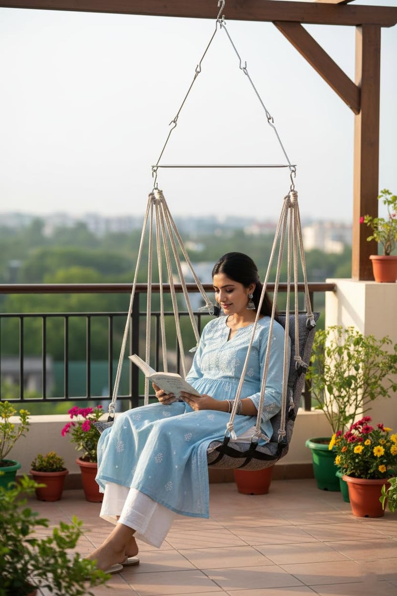 Patiofy Cotton Jhula for Home and Adults - Swing for Balcony - Weight Capacity Up to 150Kgs (Grey), 40 Cm - Image 1