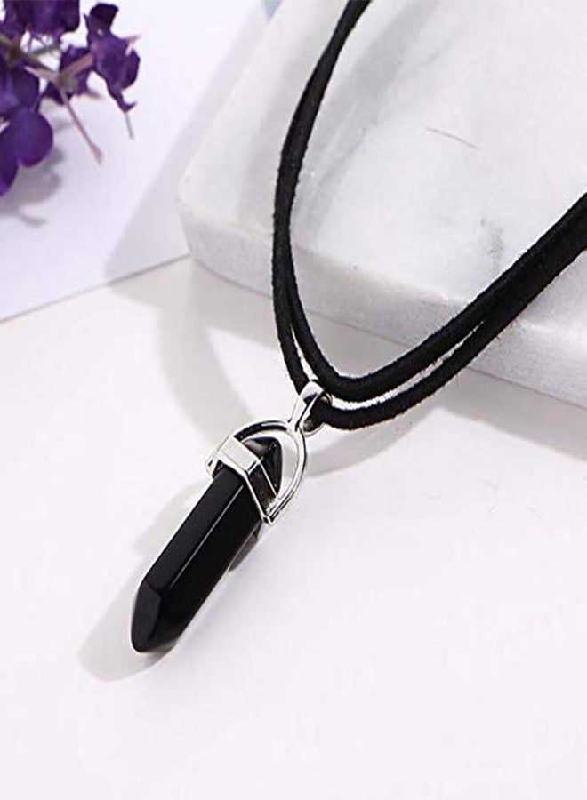 Aimimier Layered Choker Necklace Crystal Choker Chakra Suede Choker Hexagonal Gemstone Pendant Necklace Bohemia Jewelry for Women(Black) - Image 4