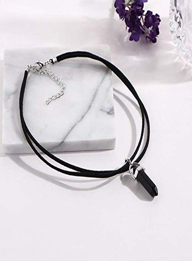 Aimimier Layered Choker Necklace Crystal Choker Chakra Suede Choker Hexagonal Gemstone Pendant Necklace Bohemia Jewelry for Women(Black) - Image 3